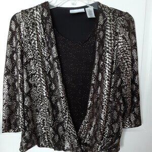 Alfred Dunner Small Petite Black/Gold Metallic Top w/Attached Shell & 3/4 Sleeve